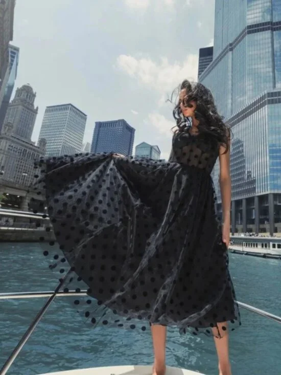 NWT Mac Duggal Black Polka Dot Net Bustier A-Line Midi Dress - Size 10‎ - Picture 2 of 16